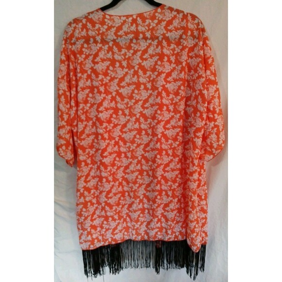 LuLaRoe Monroe Kimono With Fringe Open Waterfall Front - L- Orange/ White Floral - Picture 8 of 16